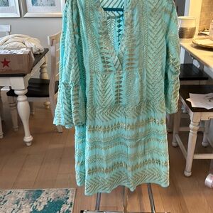 Boston proper aqua and gold dress with aqua slip liner Brand New